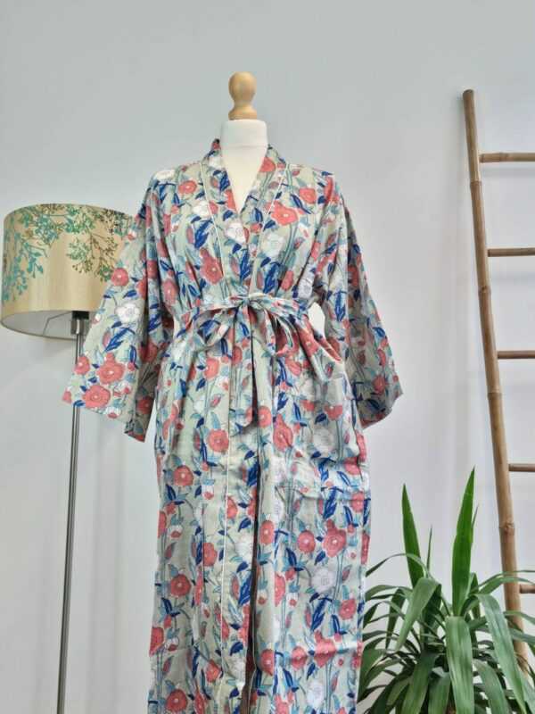 Cotton Indian Block Print Kimono in Pastel Green & Orange