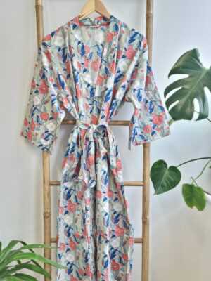 Cotton Indian Block Print Kimono in Pastel Green & Orange - Image 3