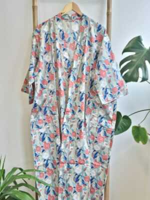 Cotton Indian Block Print Kimono in Pastel Green & Orange - Image 5