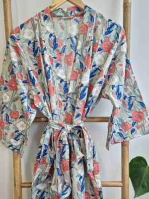Cotton Indian Block Print Kimono in Pastel Green & Orange - Image 7
