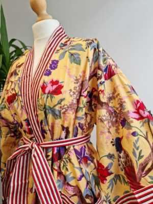 Pure Cotton Handprinted House Kimono in Pastel Yellow Red Stripe - Image 2