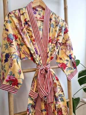 Pure Cotton Handprinted House Kimono in Pastel Yellow Red Stripe - Image 3