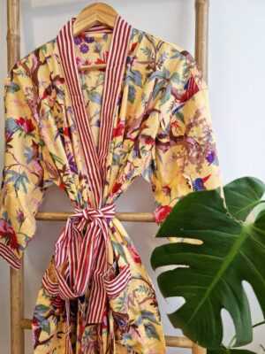 Pure Cotton Handprinted House Kimono in Pastel Yellow Red Stripe - Image 4
