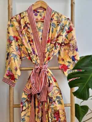 Pure Cotton Handprinted House Kimono in Pastel Yellow Red Stripe - Image 5