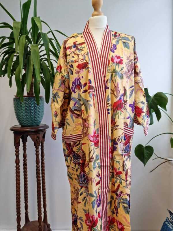 Pure Cotton Handprinted House Kimono in Pastel Yellow Red Stripe