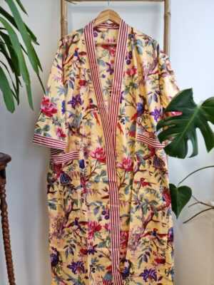 Pure Cotton Handprinted House Kimono in Pastel Yellow Red Stripe - Image 6