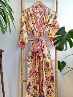 Pure Cotton Handprinted House Kimono in Pastel Yellow Red Stripe - Image 9
