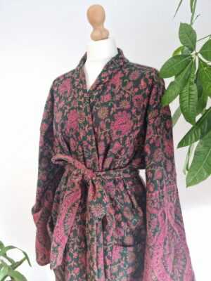 Paisley Unisex Yak Wool Blend Floral Kimono in Regal Emerald Green Pink - Image 2