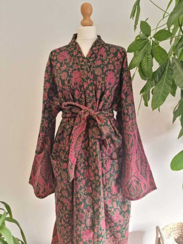 Paisley Unisex Yak Wool Blend Floral Kimono in Regal Emerald Green Pink