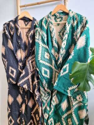 Unisex Yak Wool Blend Floral Kimono in Black Beige Cream - Image 2