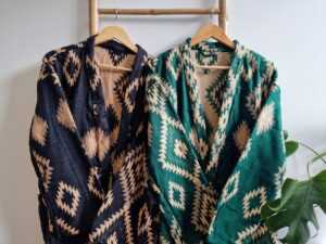 Unisex Yak Wool Blend Floral Kimono in Black Beige Cream - Image 10