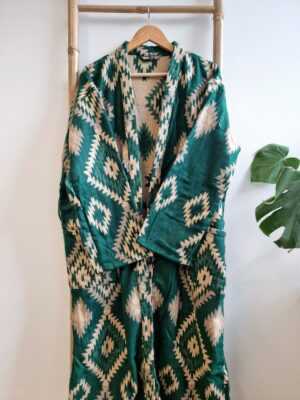 Unisex Yak Wool Blend Floral Kimono in Black Beige Cream - Image 4