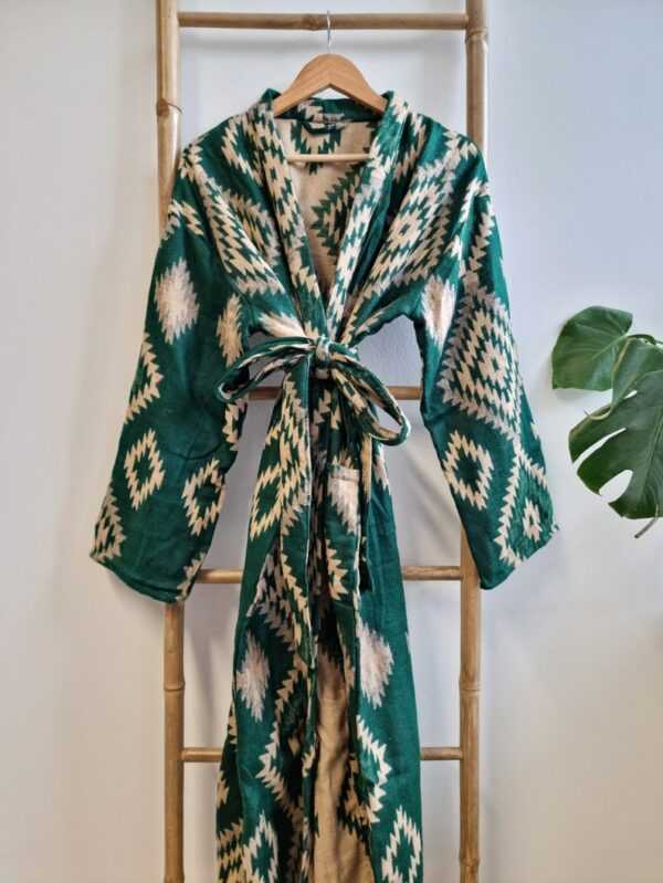 Unisex Yak Wool Blend Floral Kimono in Black Beige Cream