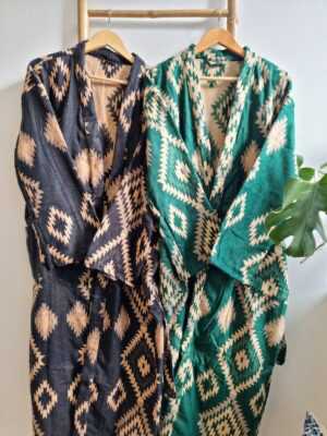 Unisex Yak Wool Blend Floral Kimono in Black Beige Cream - Image 9