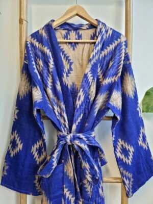 Unisex Yak Wool Blend Floral Kimono in Bright Blue & Cream - Image 2