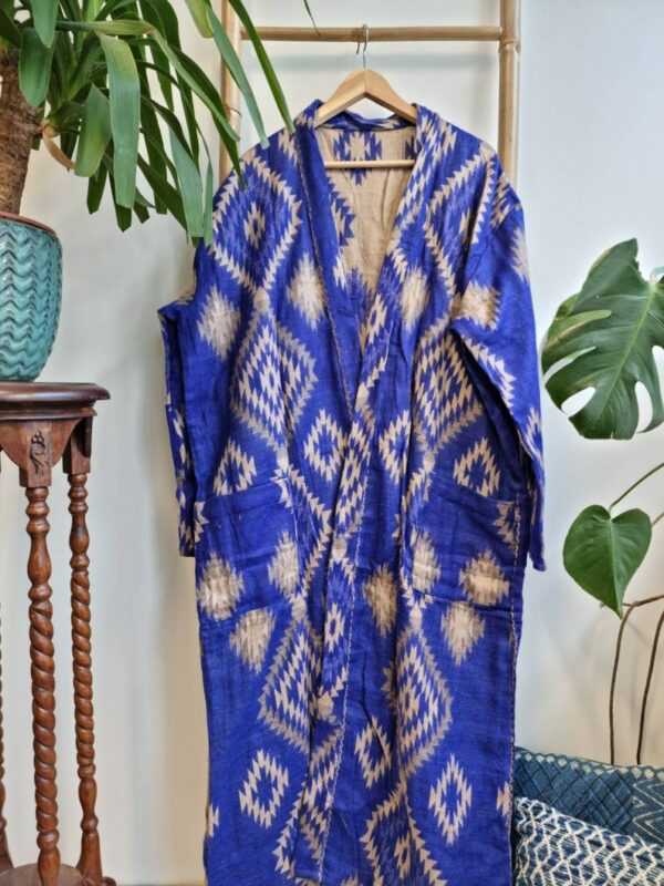 Unisex Yak Wool Blend Floral Kimono in Bright Blue & Cream
