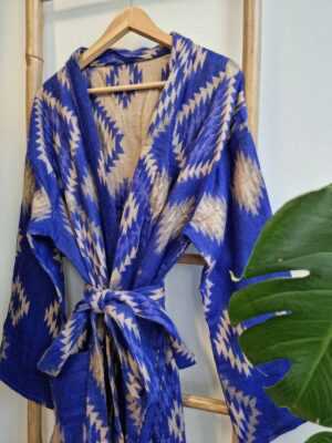 Unisex Yak Wool Blend Floral Kimono in Bright Blue & Cream - Image 5