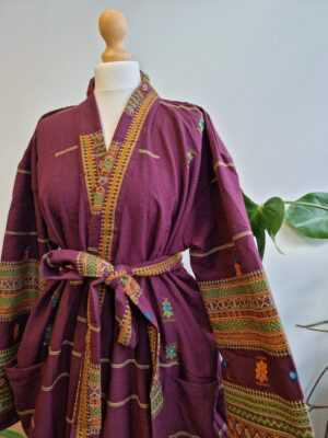 Indian Tribal Wool Blend Unisex Open Jacket in Maroon Wine Marsala Mustard Stripe - Image 2