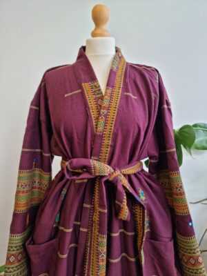Indian Tribal Wool Blend Unisex Open Jacket in Maroon Wine Marsala Mustard Stripe - Image 10