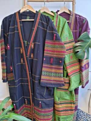 Indian Tribal Wool Blend Unisex Open Jacket in Maroon Wine Marsala Mustard Stripe - Image 3