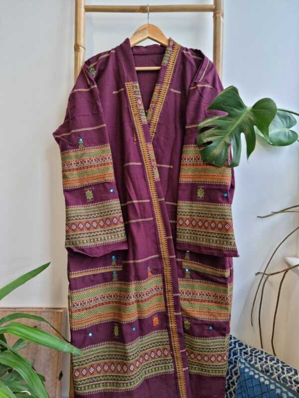 Indian Tribal Wool Blend Unisex Open Jacket in Maroon Wine Marsala Mustard Stripe