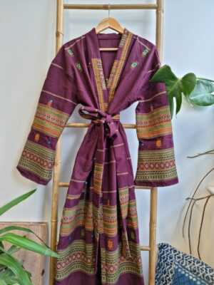 Indian Tribal Wool Blend Unisex Open Jacket in Maroon Wine Marsala Mustard Stripe - Image 4