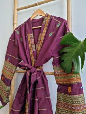 Indian Tribal Wool Blend Unisex Open Jacket in Maroon Wine Marsala Mustard Stripe - Image 5