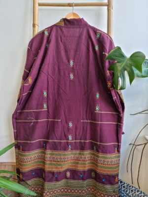 Indian Tribal Wool Blend Unisex Open Jacket in Maroon Wine Marsala Mustard Stripe - Image 7