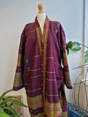 Indian Tribal Wool Blend Unisex Open Jacket in Maroon Wine Marsala Mustard Stripe - Image 8