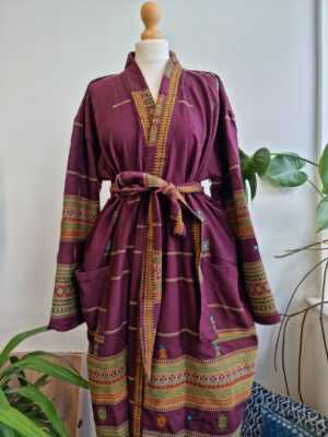 Indian Tribal Wool Blend Unisex Open Jacket in Maroon Wine Marsala Mustard Stripe - Image 9