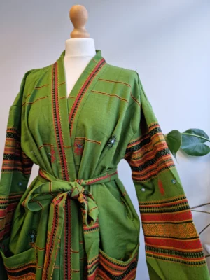 Indian Tribal Wool Blend Unisex Open Jacket in Green Mustard Stripe - Image 3