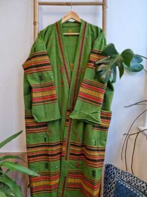 Indian Tribal Wool Blend Unisex Open Jacket in Green Mustard Stripe - Image 4