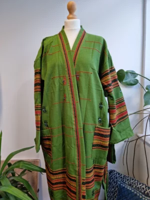 Indian Tribal Wool Blend Unisex Open Jacket in Green Mustard Stripe - Image 6