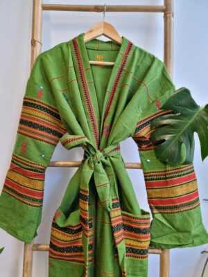 Indian Tribal Wool Blend Unisex Open Jacket in Green Mustard Stripe - Image 8