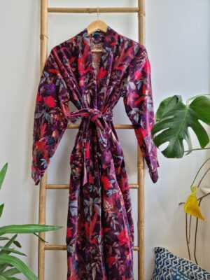 Luxury Velvet House Robe Unisex Kimono in Purple Exotic Bird - Image 2