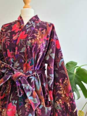 Luxury Velvet House Robe Unisex Kimono in Purple Exotic Bird - Image 4