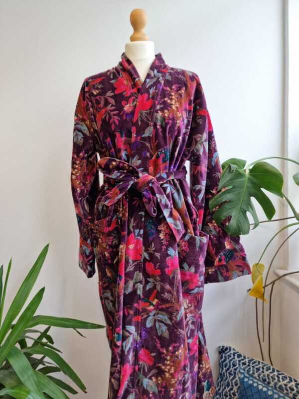 Luxury Velvet House Robe Unisex Kimono in Purple Exotic Bird