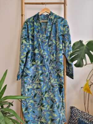 Luxury Velvet House Robe Unisex Kimono in Blue Green Leaves - Image 2