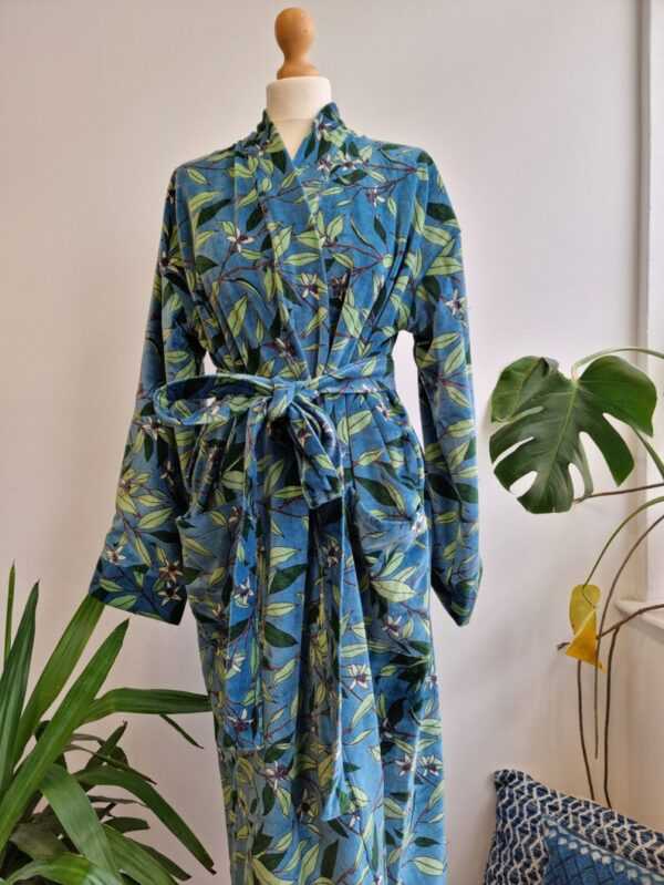 Luxury Velvet House Robe Unisex Kimono in Blue Green Leaves