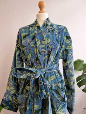 Luxury Velvet House Robe Unisex Kimono in Blue Green Leaves - Image 6