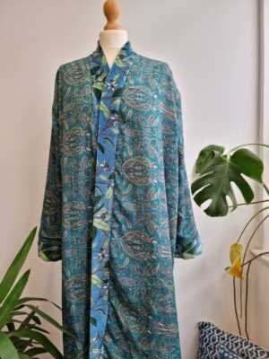 Luxury Velvet House Robe Unisex Kimono in Blue Green Leaves - Image 9