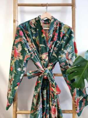 Luxury Velvet House Robe Unisex Kimono in Royal Emerald Green - Image 2
