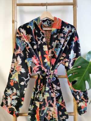 Luxury Velvet House Robe Unisex Kimono in Royal Black & Orange - Image 2
