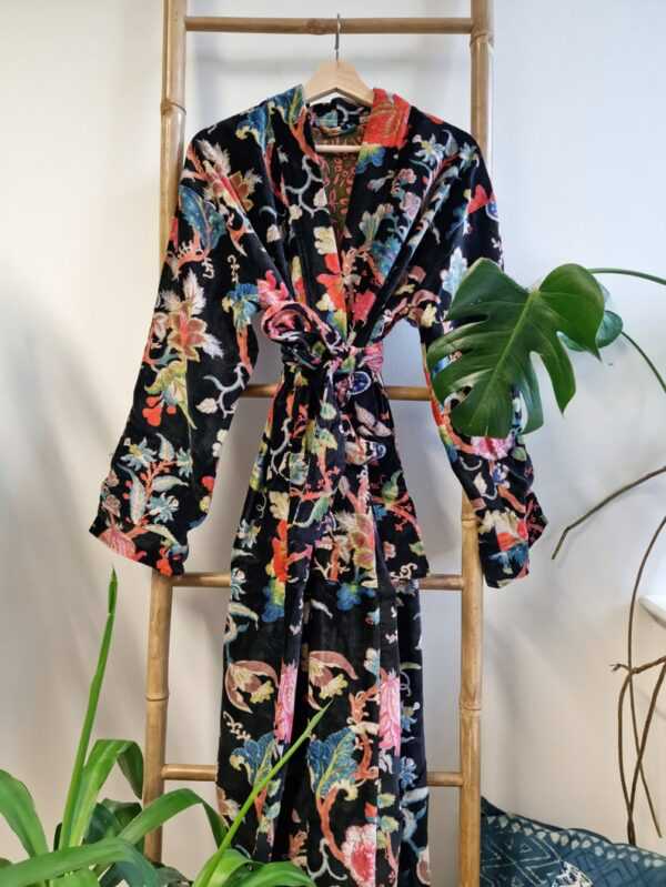 Luxury Velvet House Robe Unisex Kimono in Royal Black & Orange