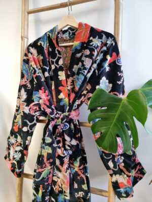 Luxury Velvet House Robe Unisex Kimono in Royal Black & Orange - Image 4