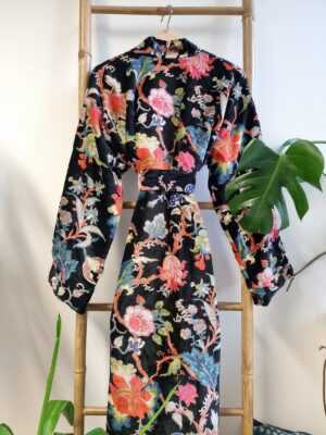 Luxury Velvet House Robe Unisex Kimono in Royal Black & Orange - Image 5