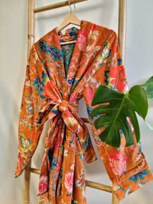 Velvet Robe Unisex Kimono in Orange Crush Passion - Image 2