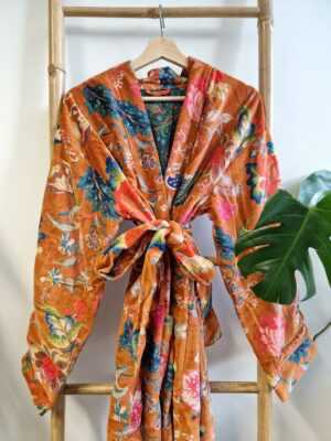 Velvet Robe Unisex Kimono in Orange Crush Passion - Image 4