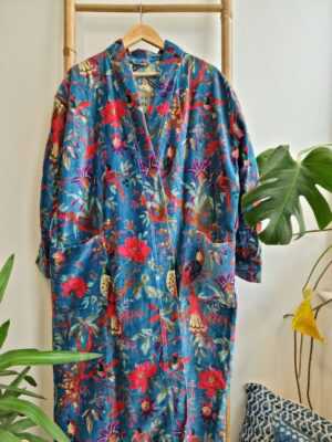 Velvet House Robe Unisex Kimono in Turquoise Bird - Image 2