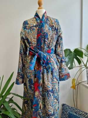 Velvet House Robe Unisex Kimono in Turquoise Bird - Image 10